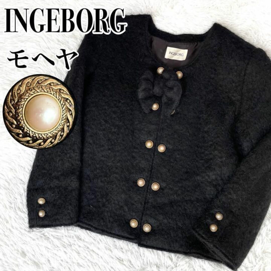 INGEBORG ノーカラージャケット　金×パールボタン　花柄　シルク混