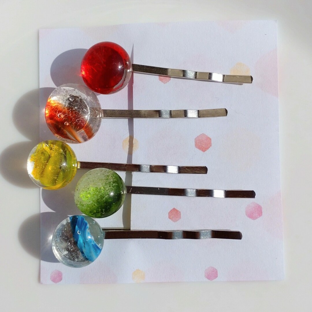 琉球ガラス ドロップス ヘアピン カラフル マーブル クリア 虹色 ハンドメイドのアクセサリー(ヘアアクセサリー)の商品写真