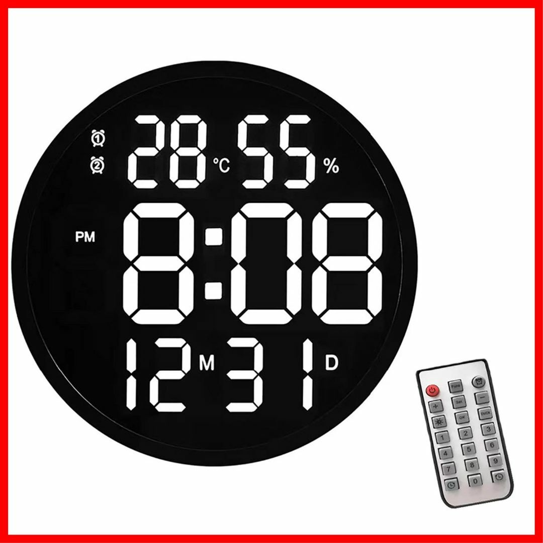 【色:black】LED壁掛け時計 リモコン付き 温度計湿度計 自動感応夜光 静