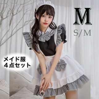 メイド服 M レディース コスプレ 仮装 チェック エプロン リボン ハロウィン(衣装一式)