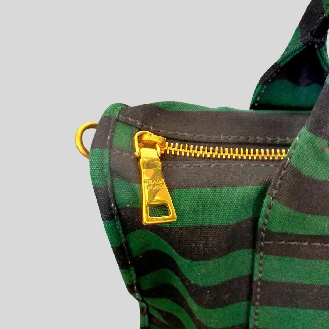PRADA プラダ カナパ ボーダー ハンドバッグ トートバッグ 緑 黒