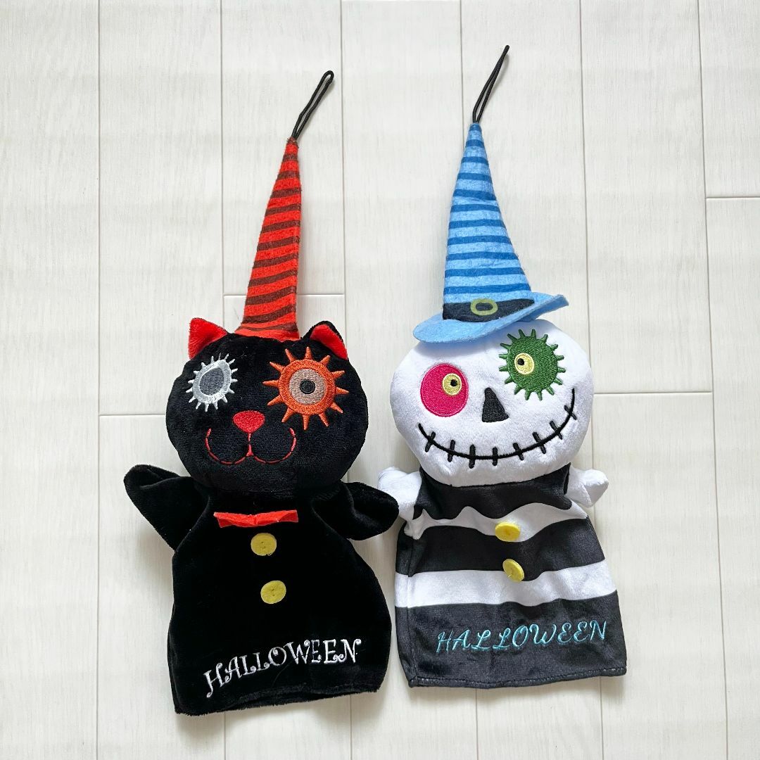 KALDI(カルディ)の美品★ KALDI カルディ ハロウィンパペット 黒ねこ&ガイコツ 2点セット エンタメ/ホビーのおもちゃ/ぬいぐるみ(ぬいぐるみ)の商品写真