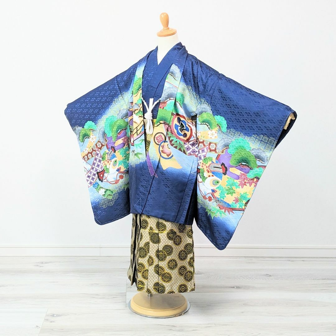 七五三 5歳 男の子 男児 着物 羽織 袴 セット 紺 鷹 松 金刺繍 5B-2 七五三 5歳 男の子 男児 着物 羽織 袴 セット 紺 鷹 松 金刺繍 5B-2