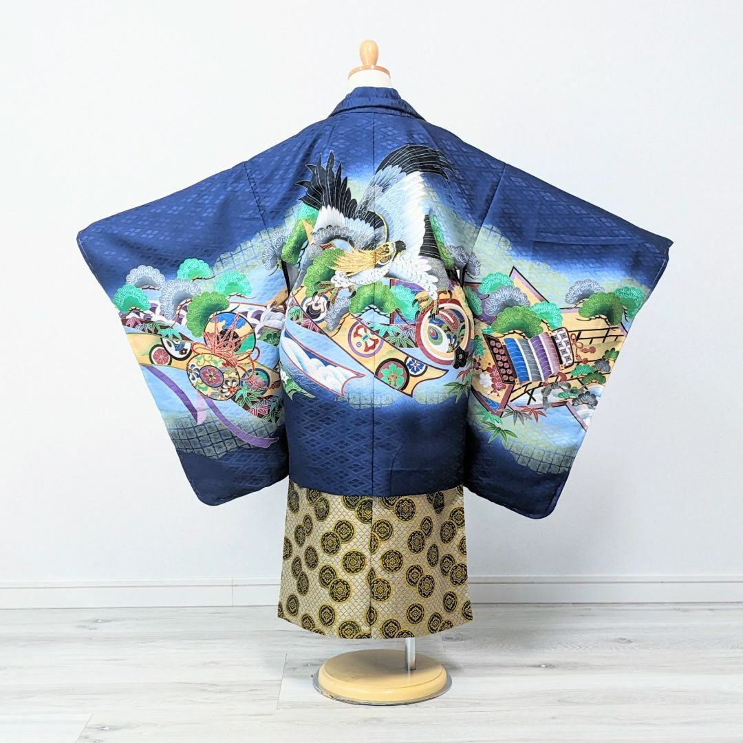 七五三 5歳 男の子 男児 着物 羽織 袴 セット 紺 鷹 松 金刺繍 5B-2 七五三 5歳 男の子 男児 着物 羽織 袴 セット 紺 鷹 松 金刺繍 5B-2