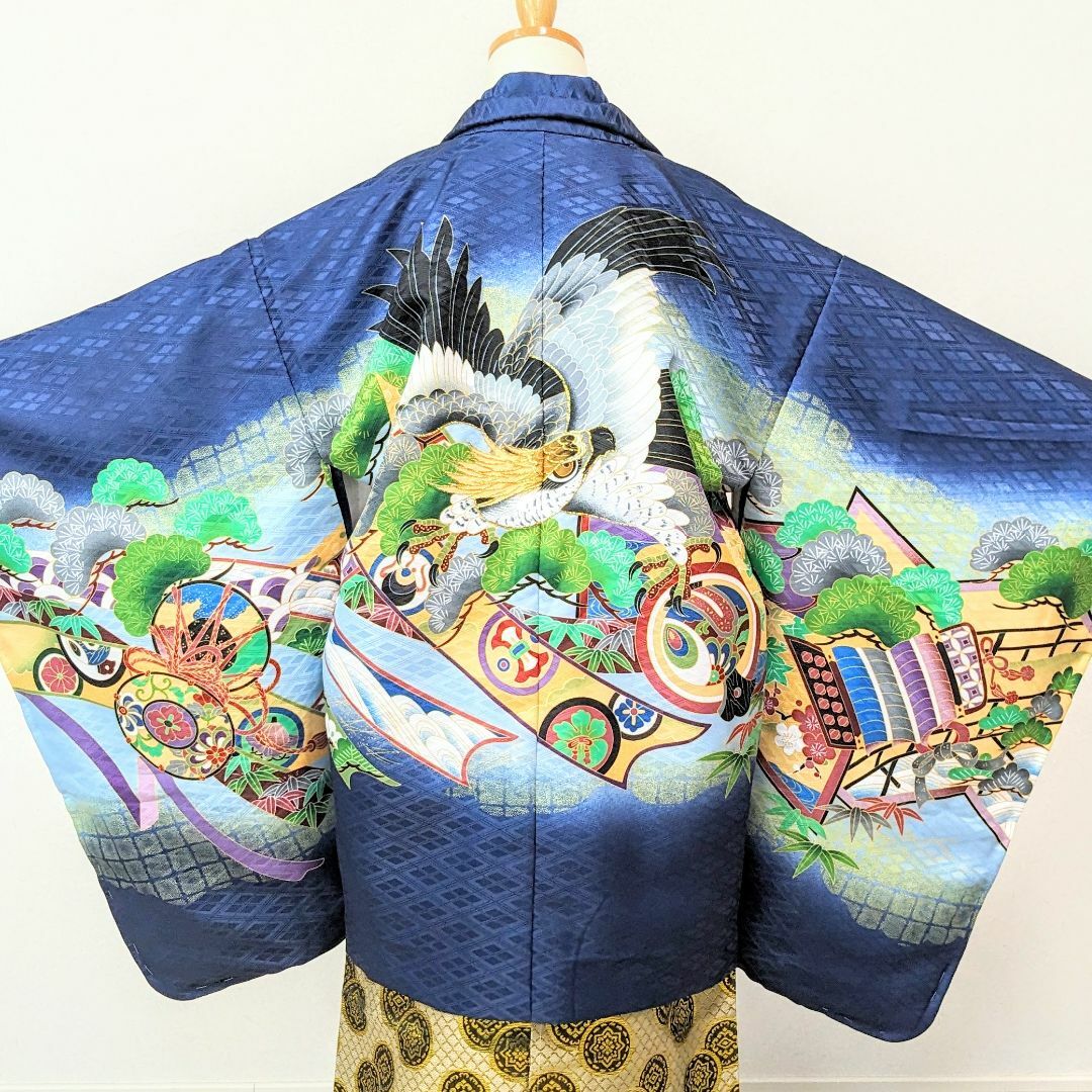 七五三 5歳 男の子 男児 着物 羽織 袴 セット 紺 鷹 松 金刺繍 5B-2 七五三 5歳 男の子 男児 着物 羽織 袴 セット 紺 鷹 松 金刺繍 5B-2