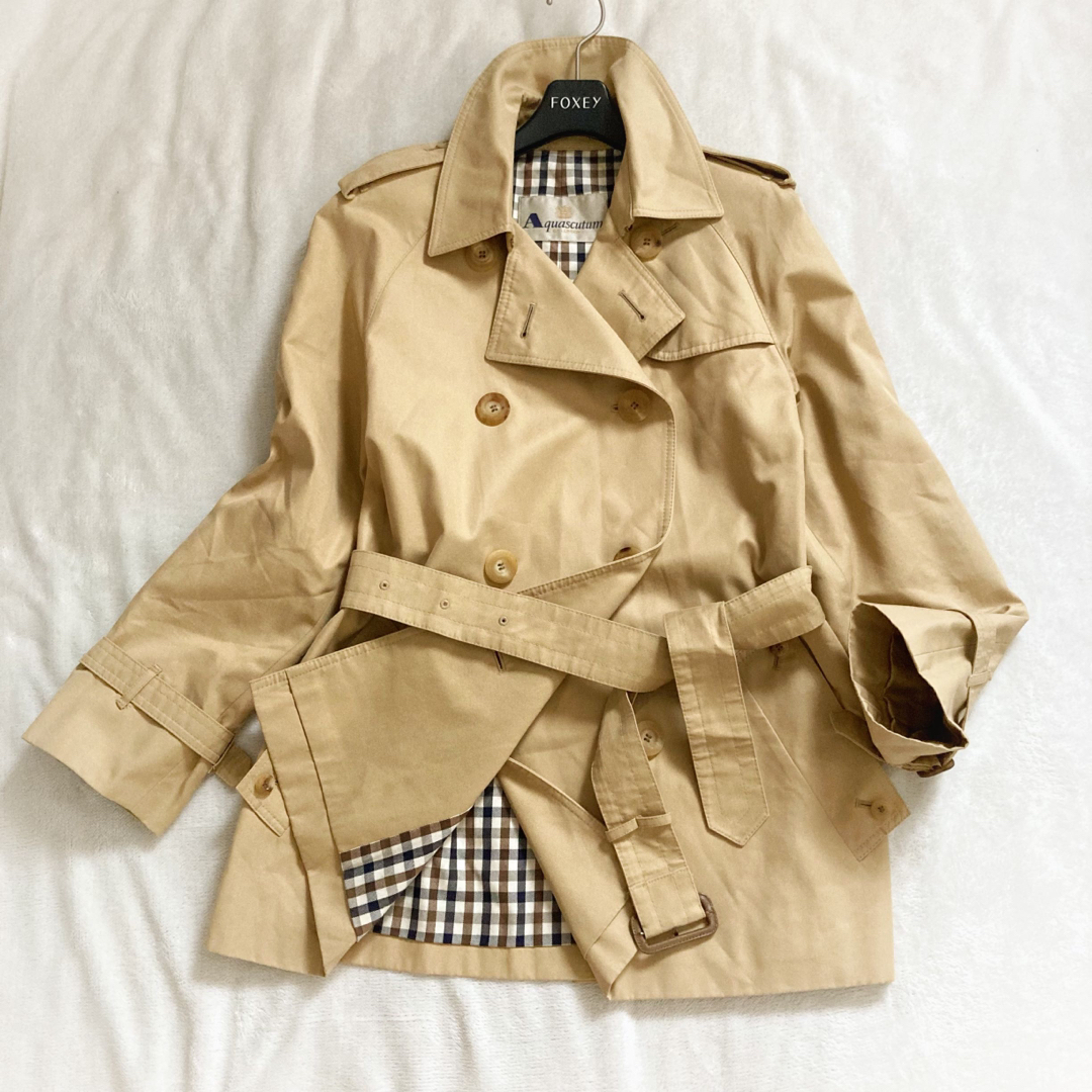 Aquascutum トレンチコート ショート ベージュ ベルト クラブチェック-