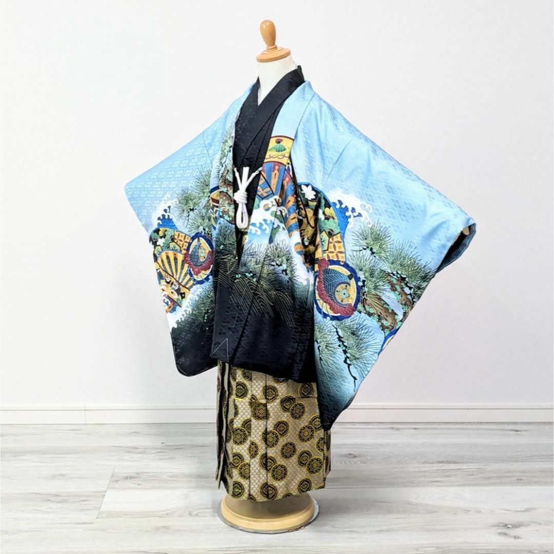 七五三 5歳 男の子 男児 着物 羽織 袴 セット 青 水色 兜 龍 5B-7