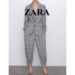 ザラ(ZARA)の美品★ZARA★チェック柄タックパンツXS/ホワイト×ブラック/オフィスカジ(カジュアルパンツ)