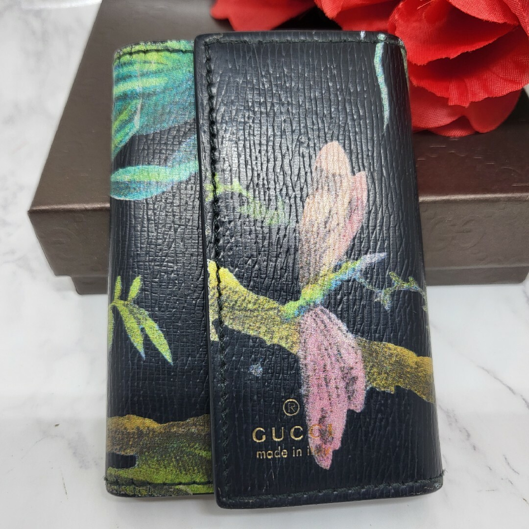 希少】 GUCCI グッチ キーケース 6連 フラワー 花 ブラック 虫-