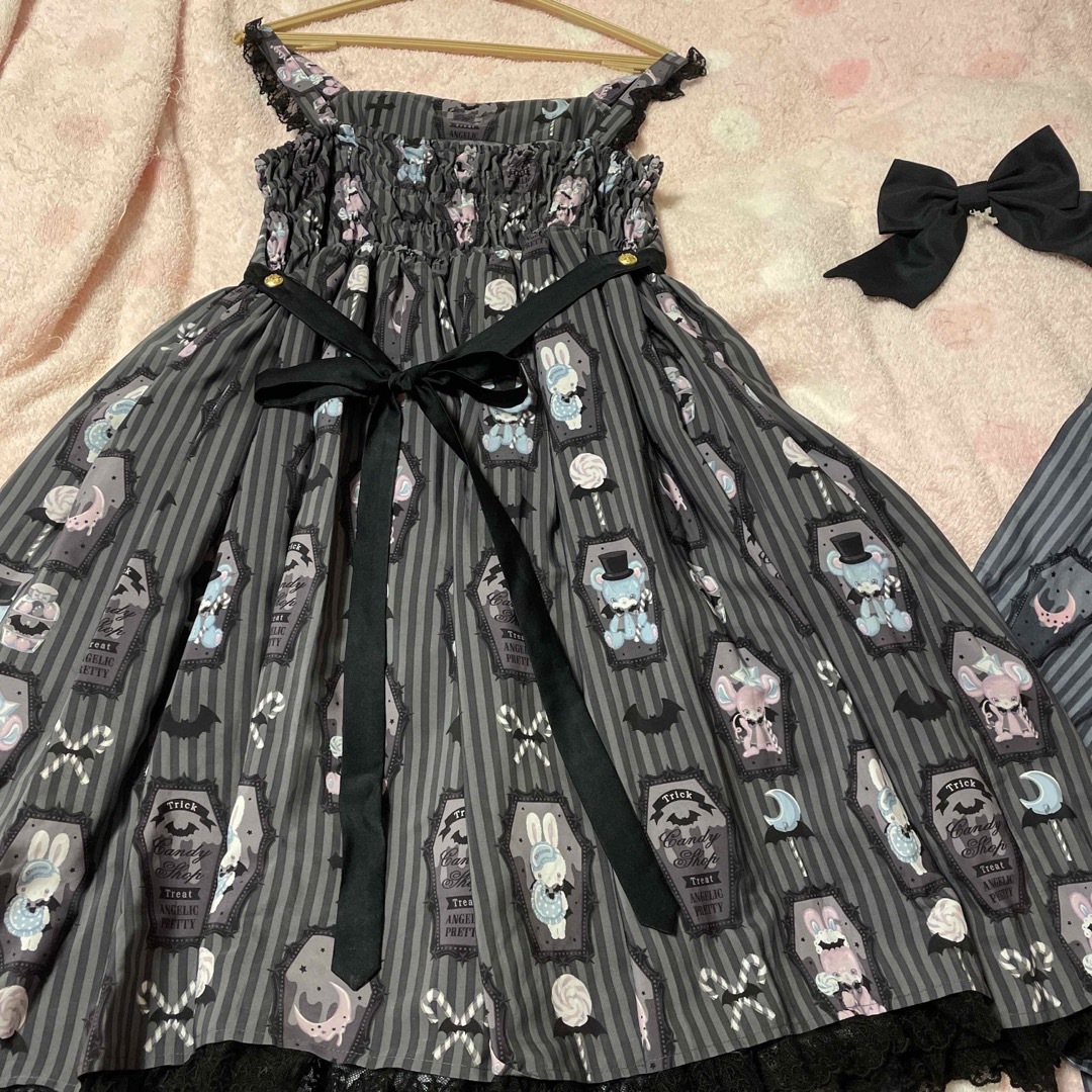 Angelic Pretty(アンジェリックプリティー)のhorror candy shopジャンパースカート3点セット　グレー レディースのワンピース(ひざ丈ワンピース)の商品写真