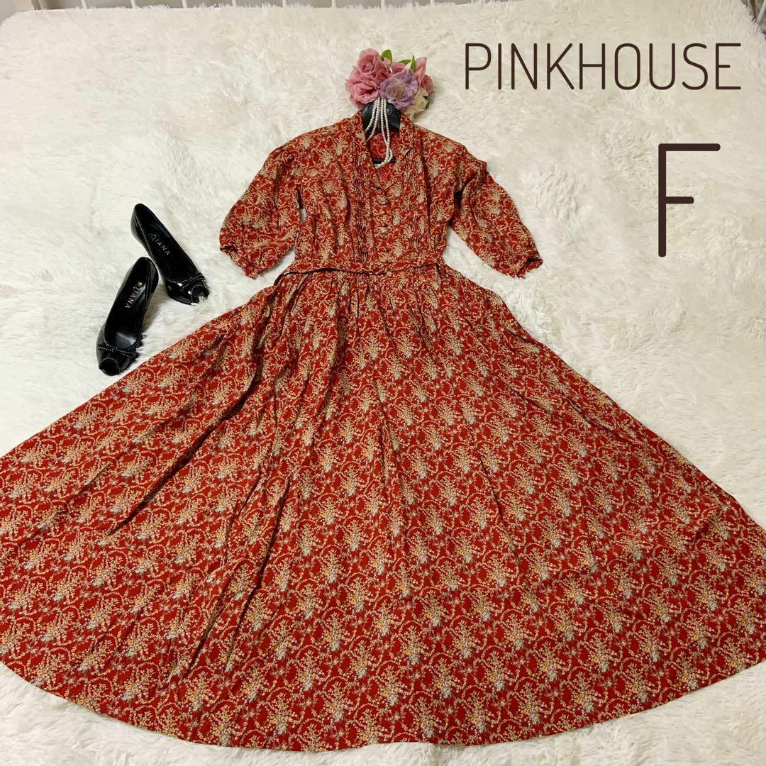 【極美品】PINKHOUSE ピンクハウス　花柄　ロングワンピース　赤　ふんわり