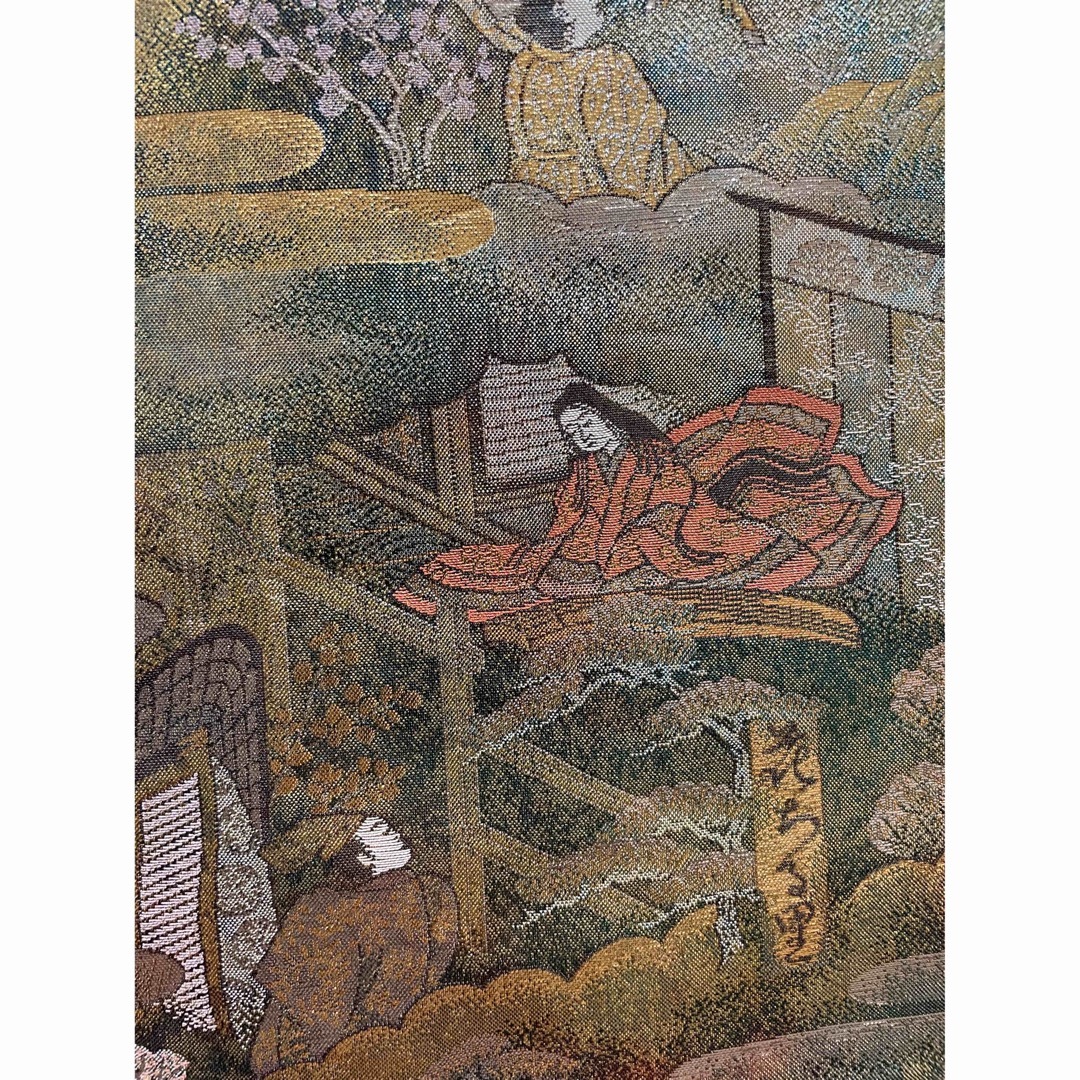 人物 箔 青緑 全通帯 正絹-