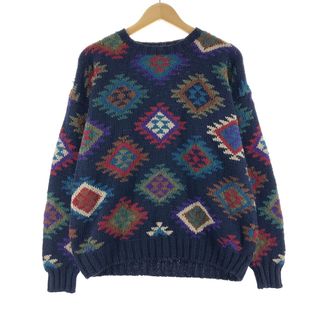 90年代 USA製 WOOLRICH ウールリッチ クルーネック ニット セーター ローゲージ 総柄 フェアアイル ブラウン系 (メンズ L)   O5305