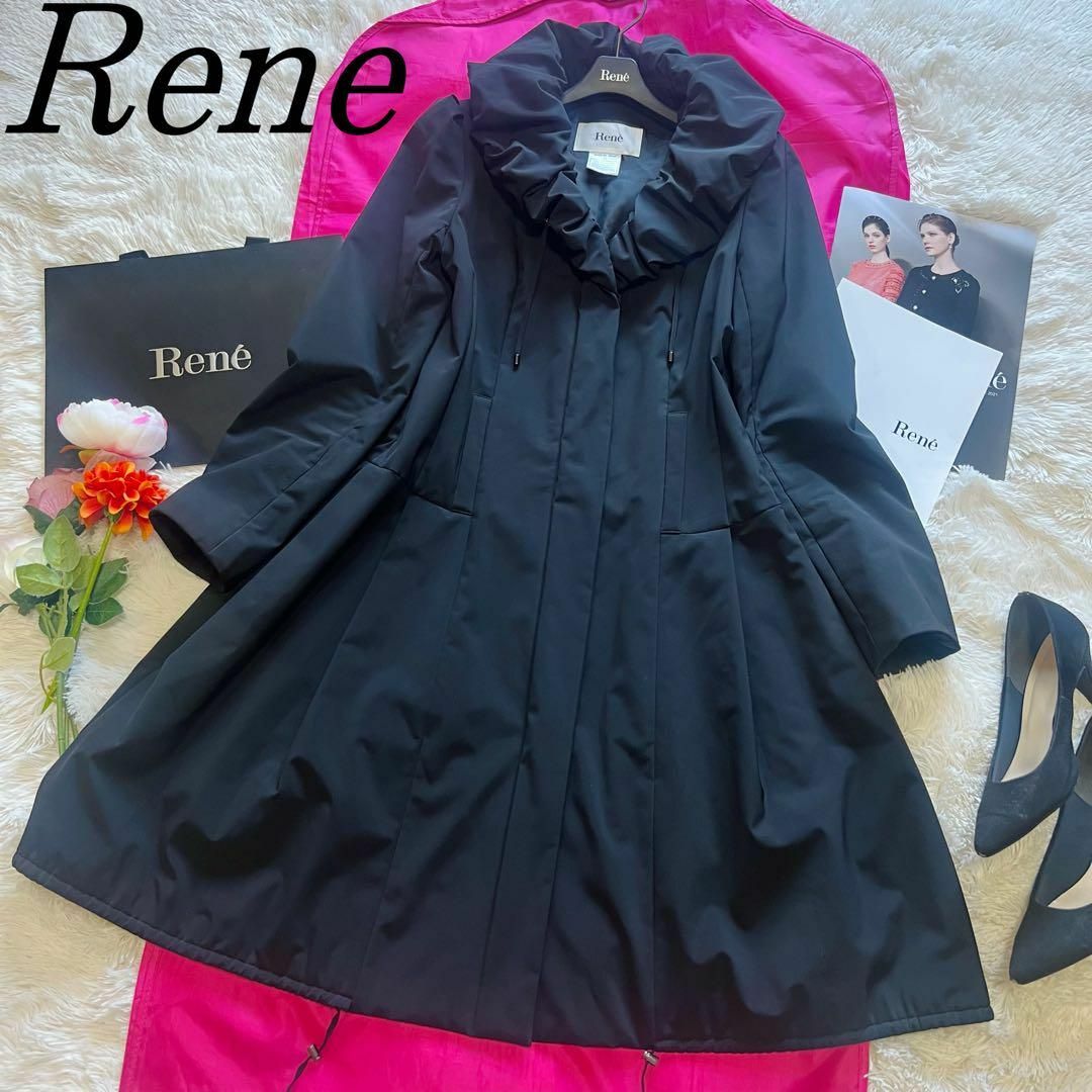 René - 【美品】Rene ロングダウンコート ブラック 36 フレア 襟 Mの