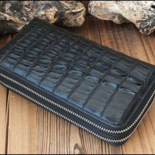SALE★ゴダンカイマンワニ革Wテール革Wラウンドジッパー 長財布 8074BK