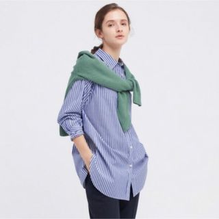 ユニクロ(UNIQLO)のユニクロ　コットンストライプロングシャツ　ブルー　L(シャツ/ブラウス(長袖/七分))