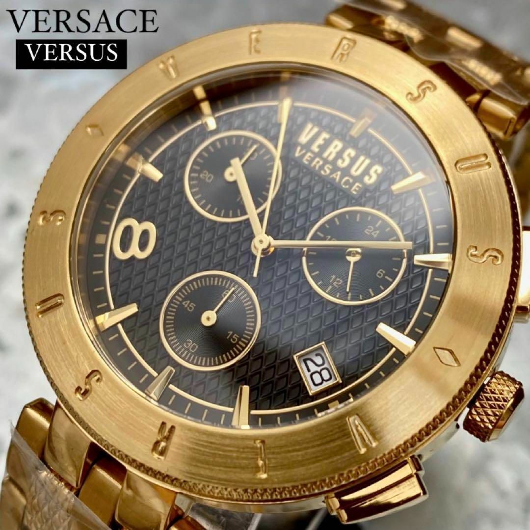 新品ヴェルサーチ 腕時計 メンズ ヴェルサス ゴールド ブラック クロノグラフ