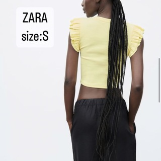 ザラ(ZARA)のZARA   フリル袖　Tシャツ　黄色　イエロー　リブ　S(Tシャツ(半袖/袖なし))