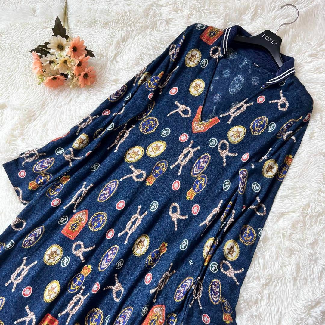 45R - 45R インディゴ 超ガーゼプリント DRESS ワンピース 総柄 シルク