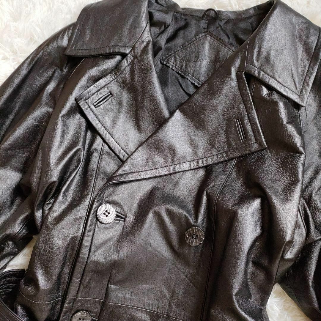 美品 本皮 レザー ヴィンテージ トレンチコート ブラック フリーサイズ