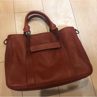 ロンシャン(LONGCHAMP)の【美品】ロンシャン　トートバッグ　ショルダーバッグ　レザー　オレンジ　3Dロゴ(ショルダーバッグ)