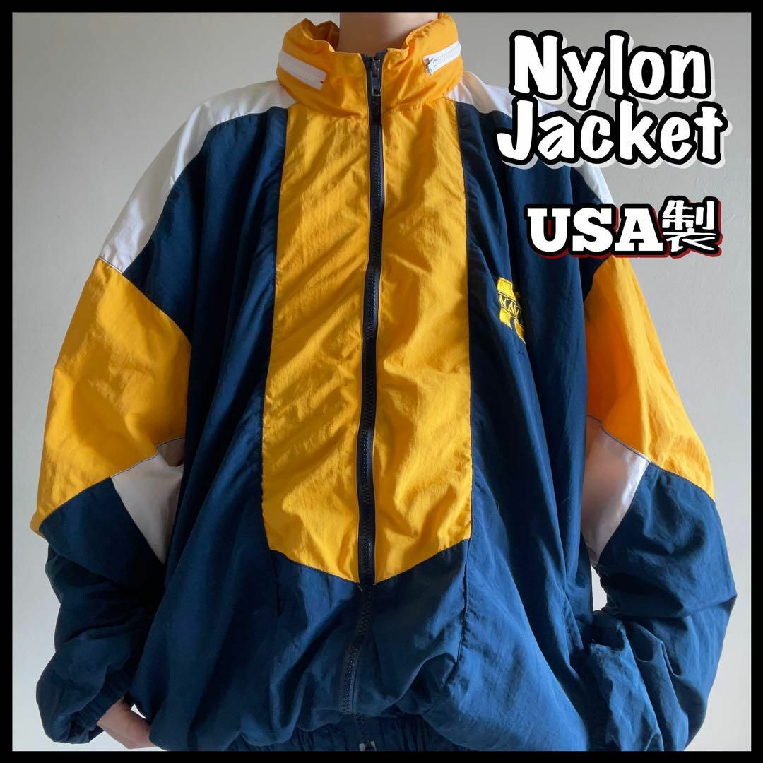 激レア USA製 US NAVY ナイロン トラックジャケット 極太アーム 刺繍