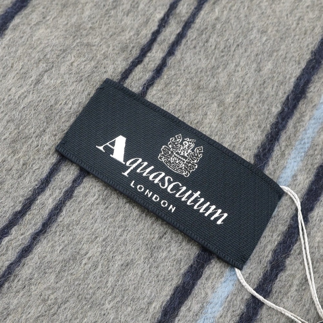 【未使用】アクアスキュータム Aquascutum カシミヤ ストライプ フリンジマフラー グレーxベージュ【メンズ】