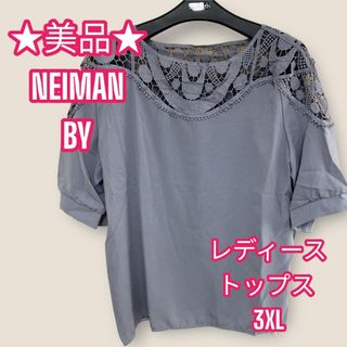 ★美品★ニューネ　美　デコシャツ　パープル　3XL レディース　トップス　花柄(カットソー(半袖/袖なし))