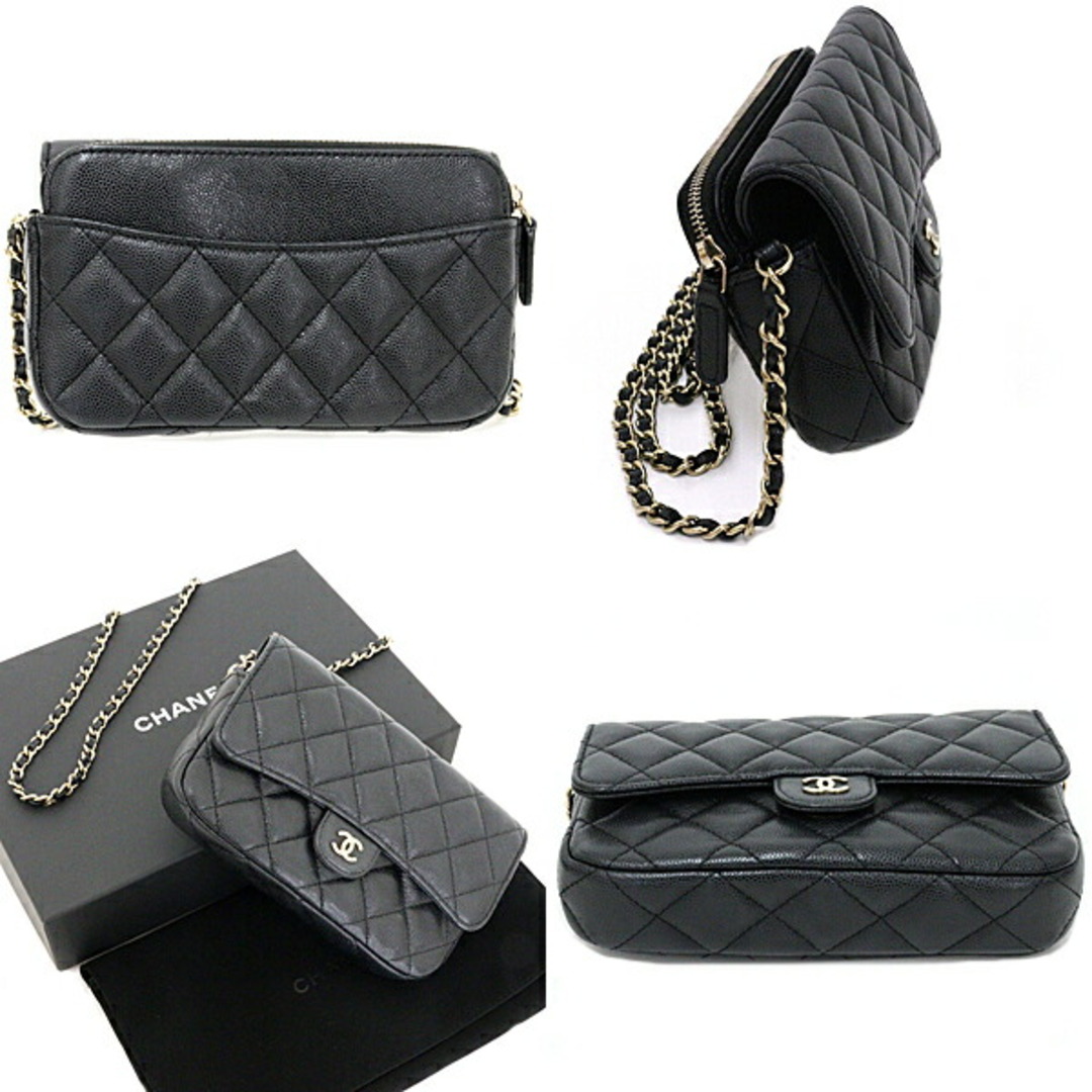 CHANEL(シャネル)のシャネル CHANEL フラップ フォンケース チェーンショルダーバッグ マトラッセ キャビア AP2096 ブラック ゴールド金具【中古】Aランク レディースのバッグ(メッセンジャーバッグ)の商品写真