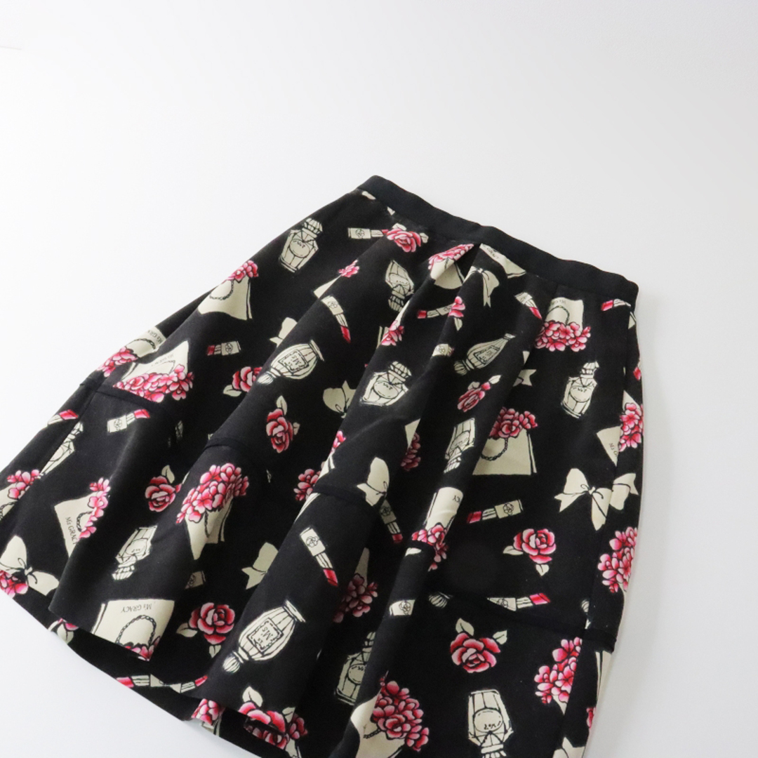 エムズグレイシー M'S GRACY Motif Print Skirt 40/ブラック ピンク ボトムス プリントスカート フレア【2400013488846】