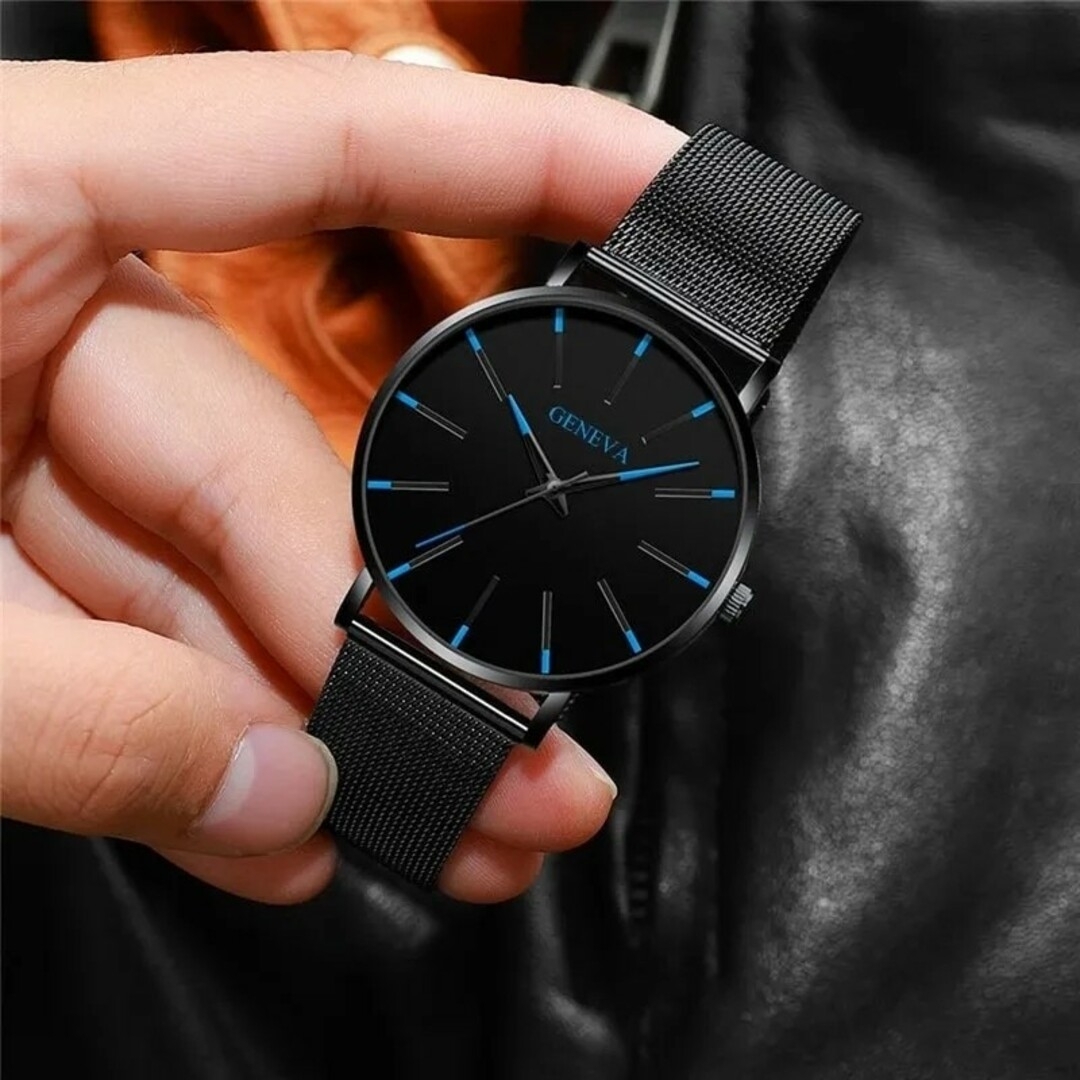 メンズ腕時計 新品 アナログ メッシュバンド ファッション 薄型 ブラック メンズの時計(腕時計(アナログ))の商品写真
