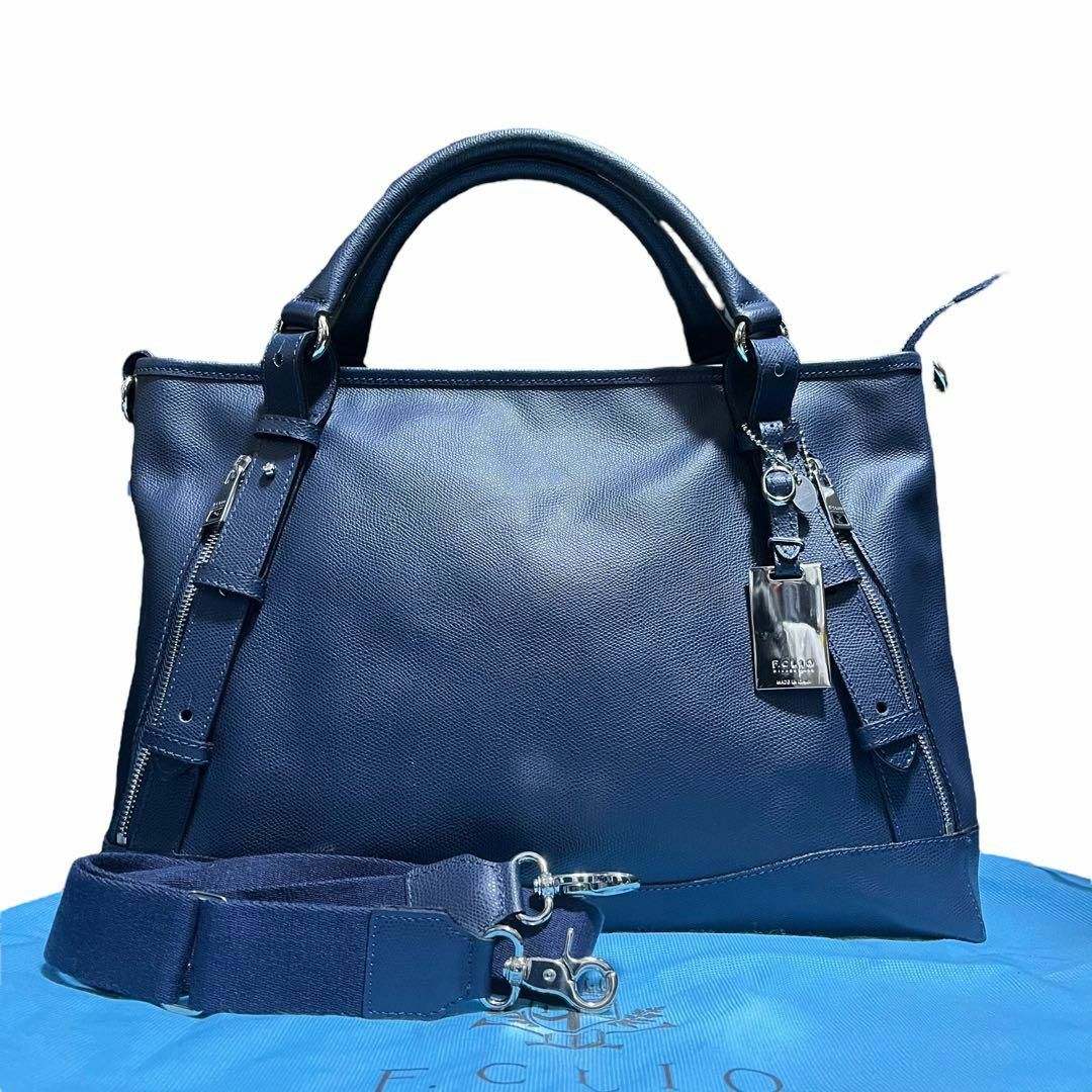 美品✨】エフクリオ ビジネスバッグ 2way ロゴ刻印 シボ革 ネイビーの
