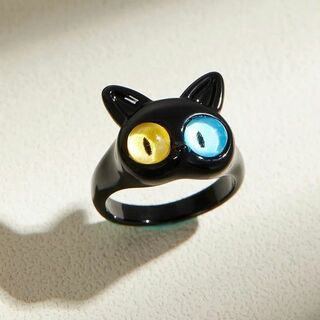 黒猫 ネコ リング 指輪 キャット 黒色 可愛い オッドアイ 動物 アニマル 猫(リング(指輪))