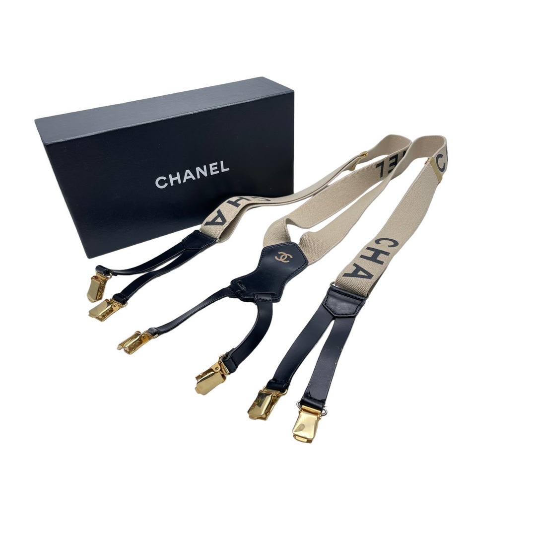 CHANEL シャネル サスペンダー ココマーク ヴィンテージ ゴム レザー ベージュ ゴールド 美品  54574