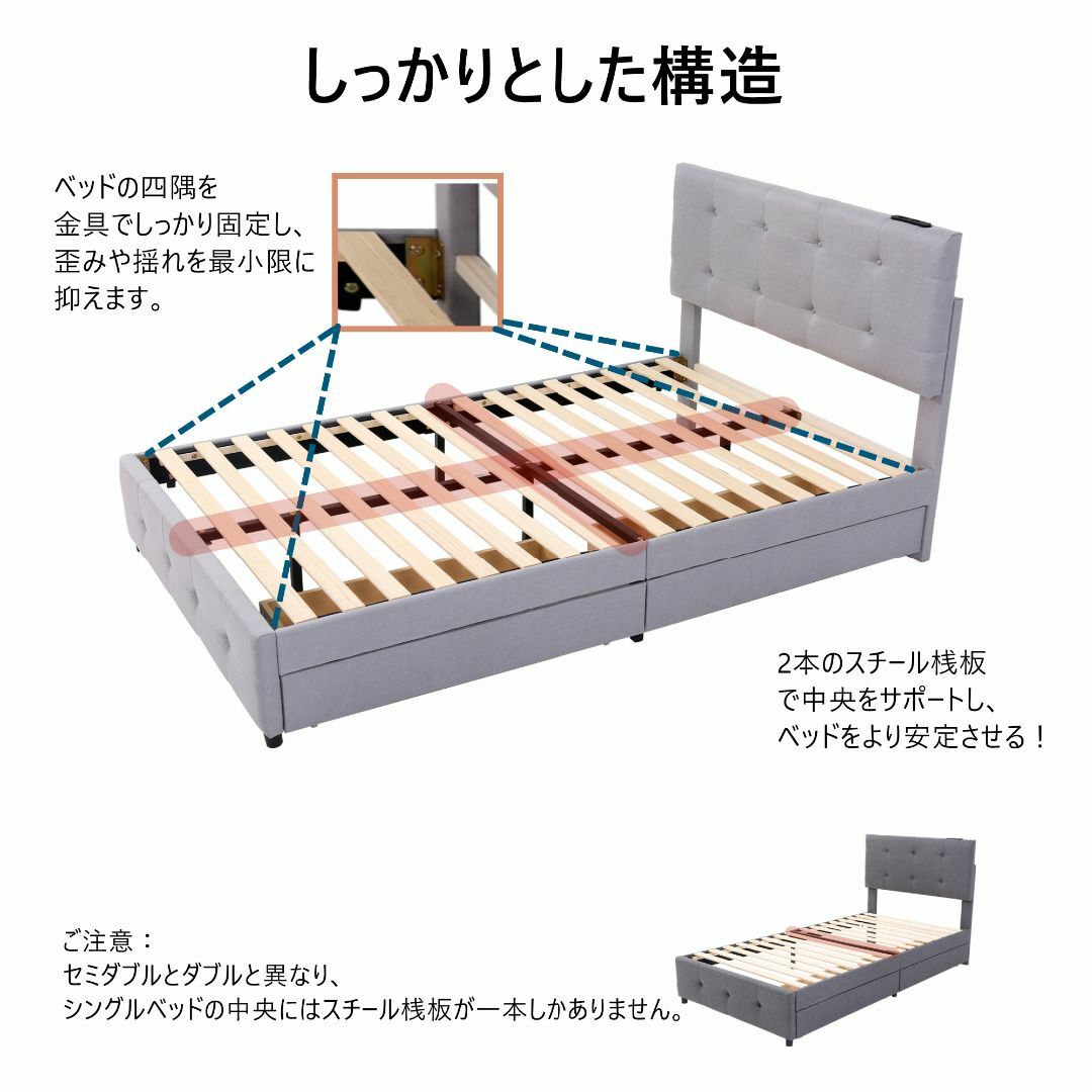 【厚さ10cmマットレス付き】ファブリックベッド セミダブル 引き出し付き 布貼