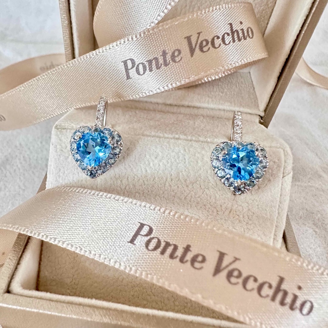 ポンテヴェキオ Ponte Vecchio ネックレス ピアス 2点セット ハートシェイプ カボション ブルートパーズ 4.25ct/3.99ct ダイヤモンド 0.05ct/0.05ct K9PG ホワイト ブラック ラッカー エナメルK18PG