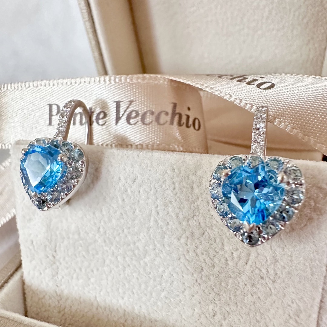 ポンテヴェキオ Ponte Vecchio ネックレス ピアス 2点セット ハートシェイプ カボション ブルートパーズ 4.25ct/3.99ct ダイヤモンド 0.05ct/0.05ct K9PG ホワイト ブラック ラッカー エナメルK18PG