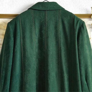 美品 タキシードカラー チェスターコート 大きいサイズ 金釦 花柄 グリーン 緑