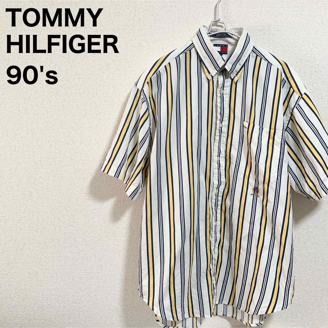 TOMMY HILFIGER(トミーヒルフィガー)の90s トミーヒルフィガー BDシャツ 半袖シャツ ストライプ 白 旧タグ  メンズのトップス(シャツ)の商品写真