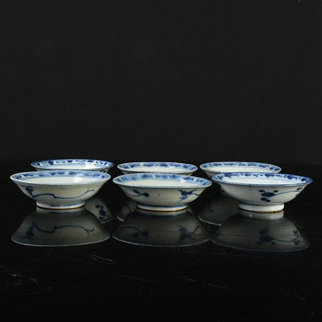 中国 新渡 青花花卉文 銘々皿 小皿 六客 C R6305 中国 新渡 青花花卉文 銘々皿 小皿 六客 C R6305