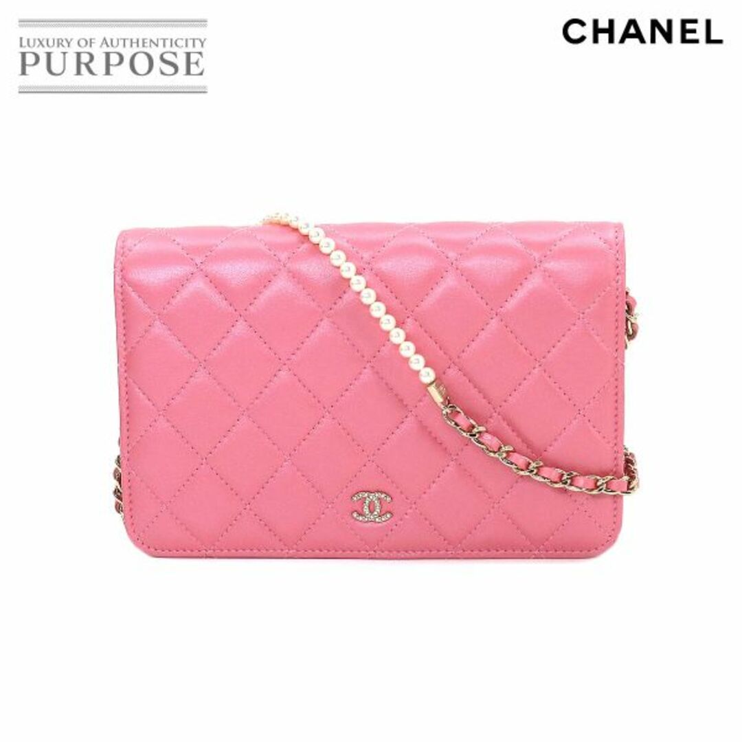 未使用 展示品 シャネル CHANEL マトラッセ チェーン ウォレット 長財布 レザー ピンク A84277 ゴールド 金具 フェイクパール VLP 90207761