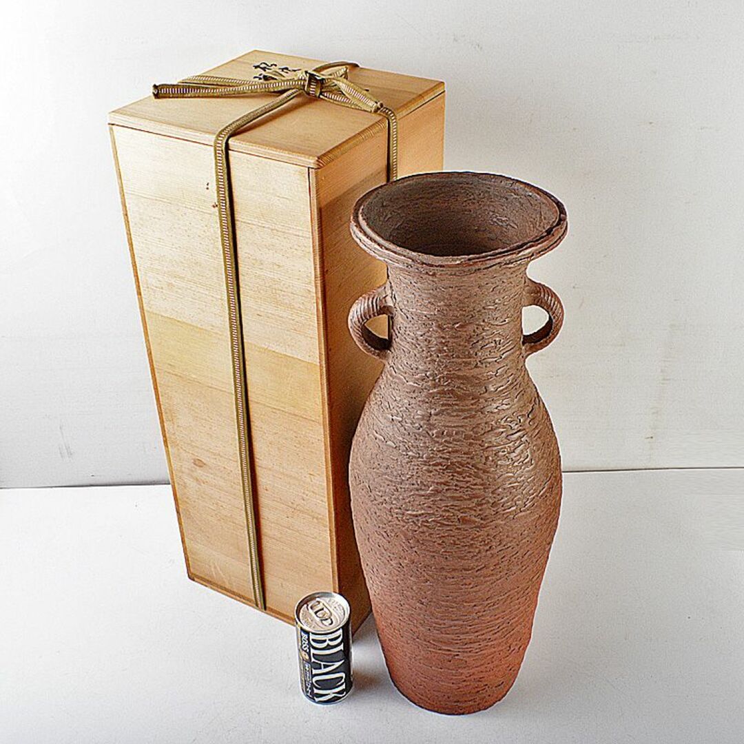 常滑焼 朱泥 松皮 双耳花瓶 高さ約50cm 書付箱 C R6310F
