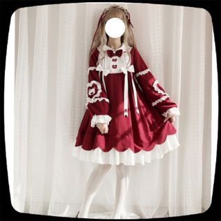 レディース メイド服風ワンピース レッド 赤 コスプレ ゴスロリ 本格 ロリータ(セット/コーデ)