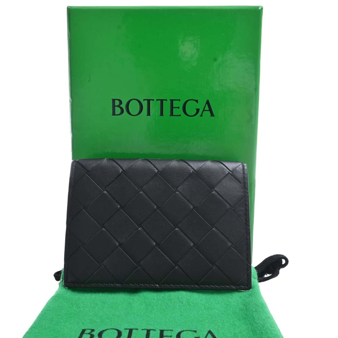 【中古】Bottega Veneta ボッテガヴェネタ イントレチャート レザー 二つ折り 名刺入れ カードケース - ブラック by