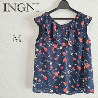 イング(INGNI)の【イング】美品♡花柄♡フリル♡ノースリーブ♡ブラウス♡トップス♡ネイビー♡M(シャツ/ブラウス(半袖/袖なし))