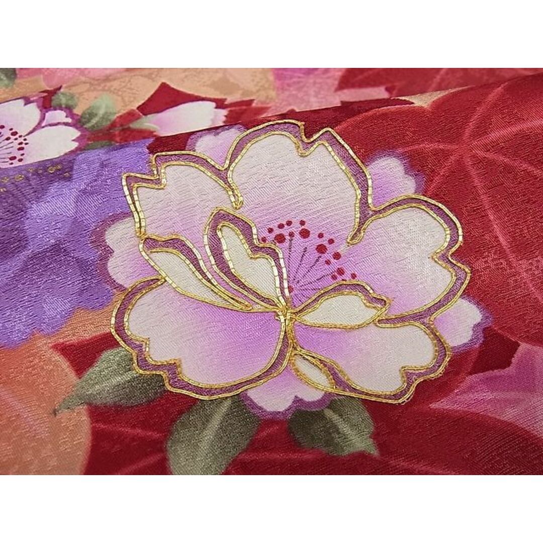 平和屋1□極上 振袖 駒刺繍 舞蝶草花文 暈し染め 金通し地 逸品3s20198