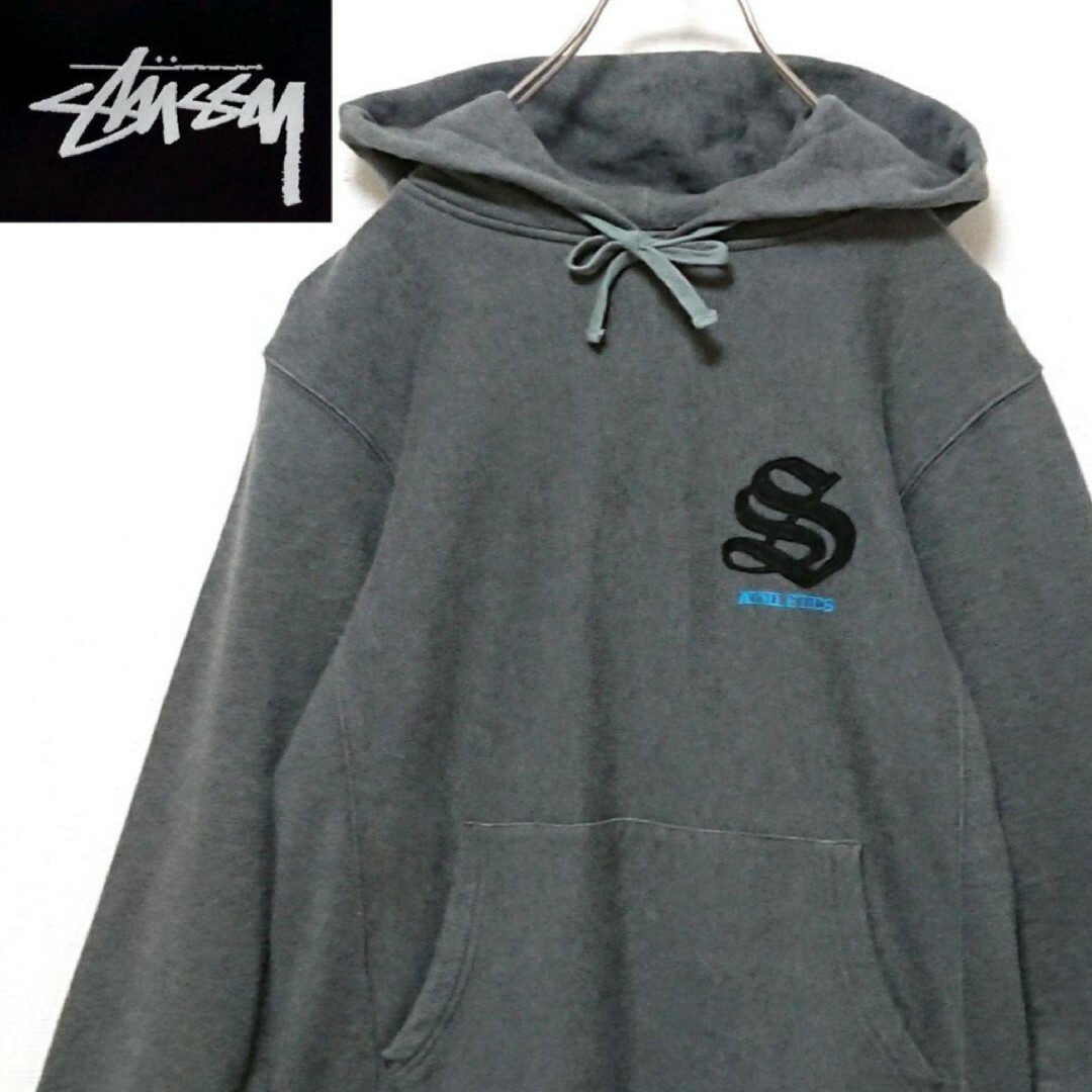 stussy 胸元ワンポイント刺繍ロゴ プルオーバーパーカー フーディー　紺　M