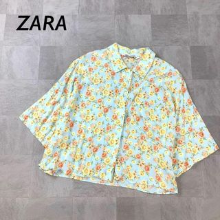 ザラ(ZARA)のZARA 総柄 バラ柄 花柄 ショート 丈 半袖 シャツ ライトブルー(シャツ/ブラウス(長袖/七分))