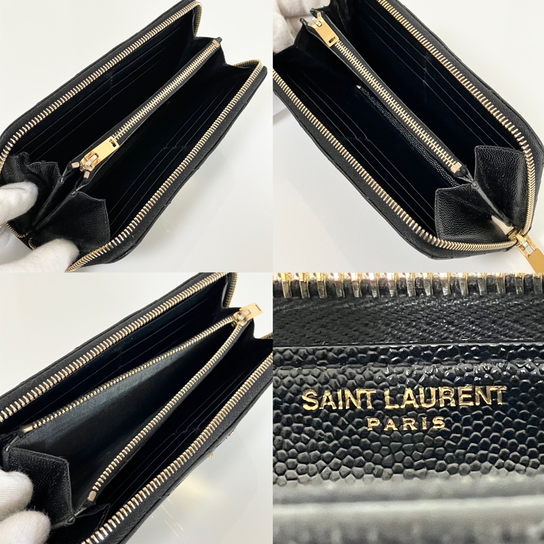 YSL イヴ・サンローラン ゴールド金具 キャビアスキン ラウンドファスナー-