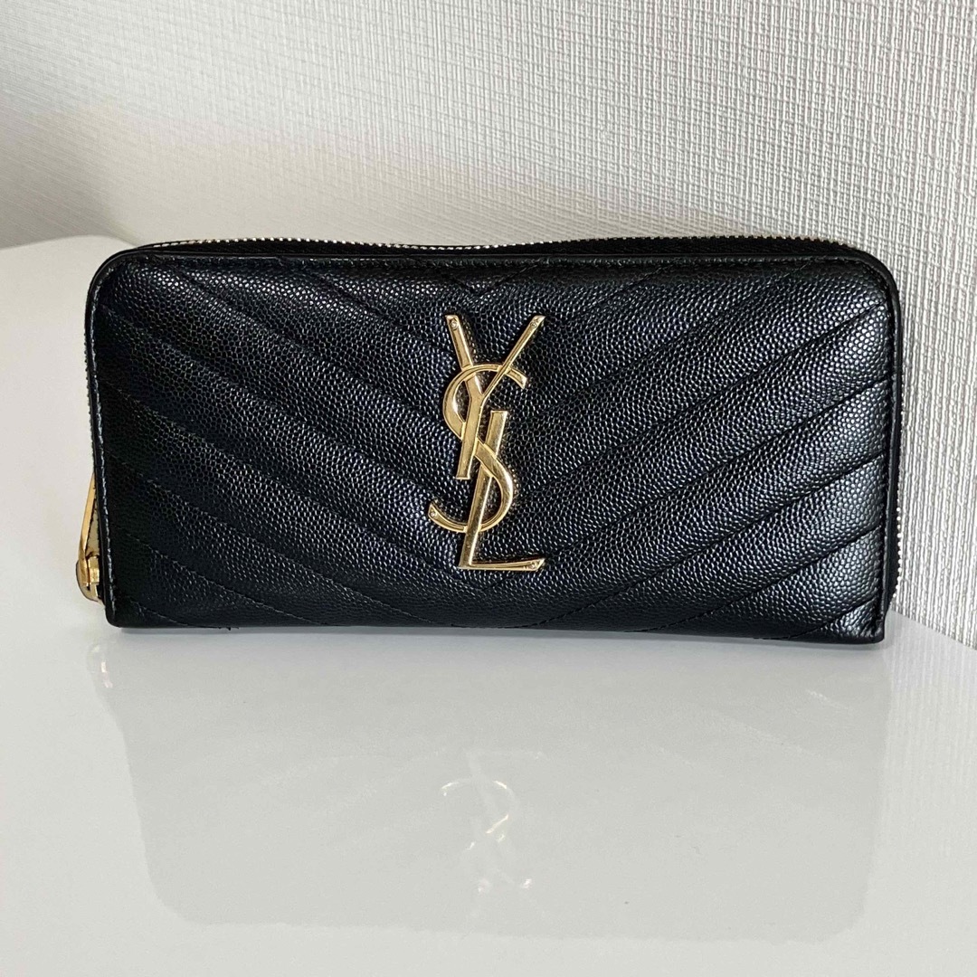 YSL イヴ・サンローラン ゴールド金具 キャビアスキン ラウンドファスナー-